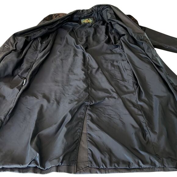 Vintage 80’s Avanti Black Leather Duster Trench Coat Copper Embossed Suede - Picture 8 of 16